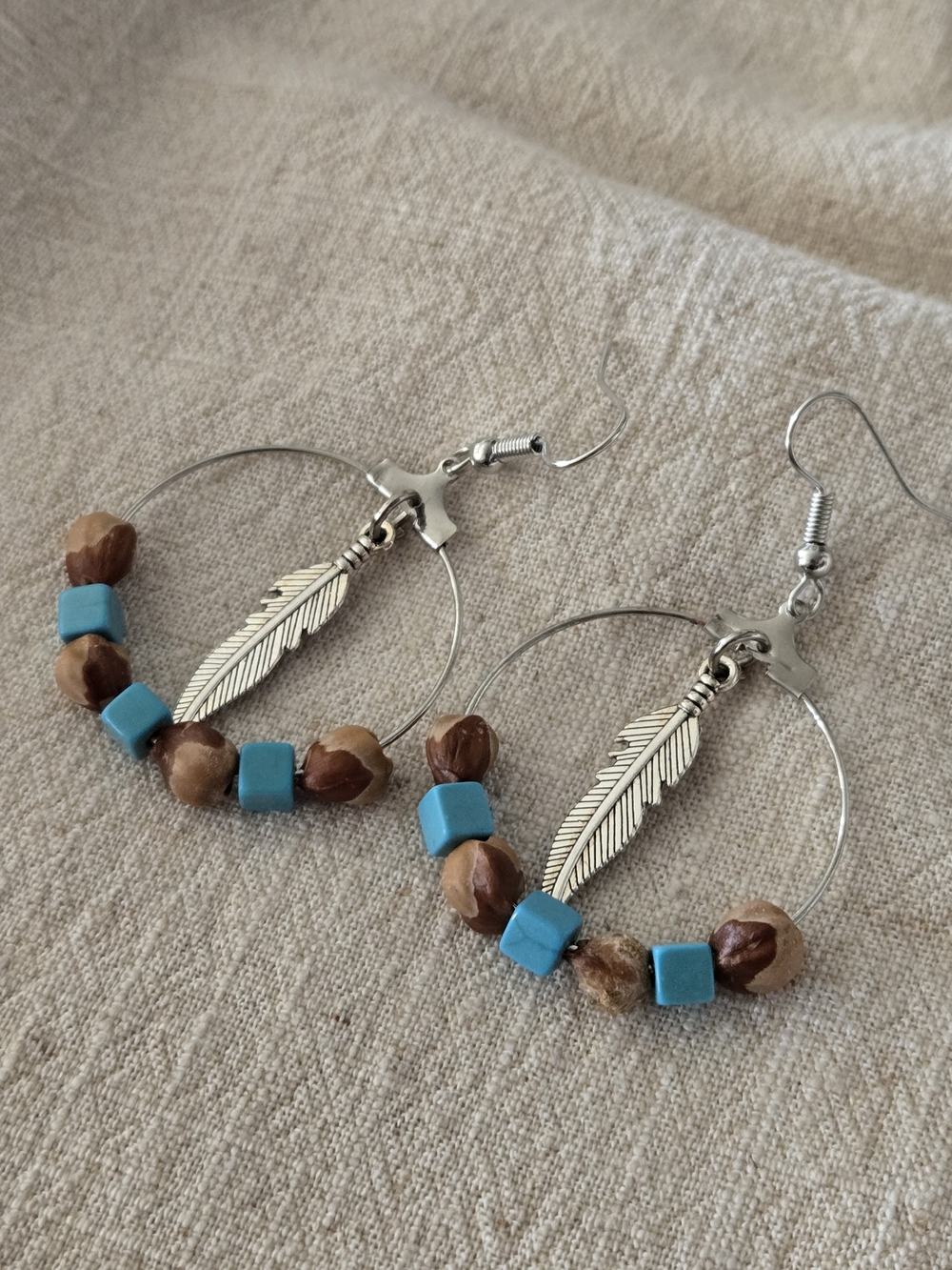 Silver Feather Hoop Earrings with Turquoise and Wood Beads